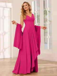 A-Line/Princess V-Neck Sleeveless Floor-Length Asymmetrical Bridesmaid Dresses with Ruffles — view 34