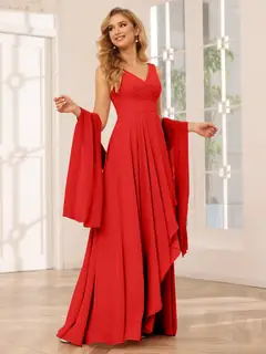 A-Line/Princess V-Neck Sleeveless Floor-Length Asymmetrical Bridesmaid Dresses with Ruffles — view 36