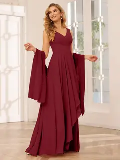 A-Line/Princess V-Neck Sleeveless Floor-Length Asymmetrical Bridesmaid Dresses with Ruffles — view 37