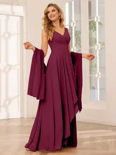 A-Line/Princess V-Neck Sleeveless Floor-Length Asymmetrical Bridesmaid Dresses with Ruffles — view 38