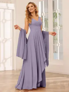 A-Line/Princess V-Neck Sleeveless Floor-Length Asymmetrical Bridesmaid Dresses with Ruffles — view 39