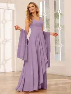 A-Line/Princess V-Neck Sleeveless Floor-Length Asymmetrical Bridesmaid Dresses with Ruffles — view 40