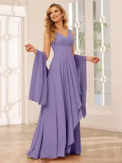 A-Line/Princess V-Neck Sleeveless Floor-Length Asymmetrical Bridesmaid Dresses with Ruffles — view 41