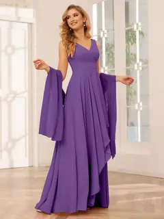 A-Line/Princess V-Neck Sleeveless Floor-Length Asymmetrical Bridesmaid Dresses with Ruffles — view 42