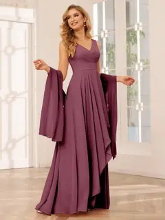 A-Line/Princess V-Neck Sleeveless Floor-Length Asymmetrical Bridesmaid Dresses with Ruffles — view 43