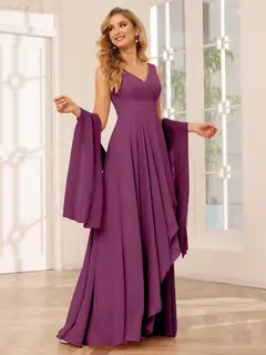A-Line/Princess V-Neck Sleeveless Floor-Length Asymmetrical Bridesmaid Dresses with Ruffles — view 44
