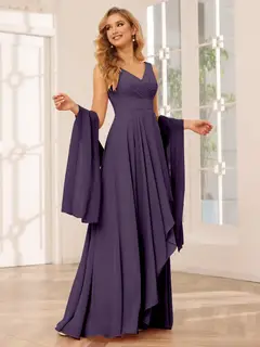 A-Line/Princess V-Neck Sleeveless Floor-Length Asymmetrical Bridesmaid Dresses with Ruffles — view 45