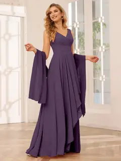 A-Line/Princess V-Neck Sleeveless Floor-Length Asymmetrical Bridesmaid Dresses with Ruffles — view 46