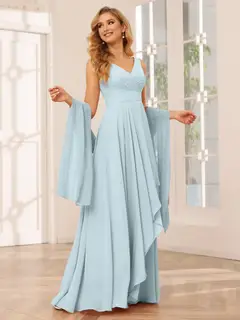 A-Line/Princess V-Neck Sleeveless Floor-Length Asymmetrical Bridesmaid Dresses with Ruffles — view 47