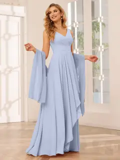 A-Line/Princess V-Neck Sleeveless Floor-Length Asymmetrical Bridesmaid Dresses with Ruffles — view 48