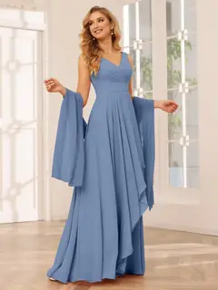 A-Line/Princess V-Neck Sleeveless Floor-Length Asymmetrical Bridesmaid Dresses with Ruffles — view 51