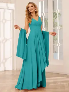 A-Line/Princess V-Neck Sleeveless Floor-Length Asymmetrical Bridesmaid Dresses with Ruffles — view 52