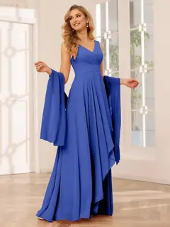 A-Line/Princess V-Neck Sleeveless Floor-Length Asymmetrical Bridesmaid Dresses with Ruffles — view 54