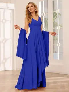 A-Line/Princess V-Neck Sleeveless Floor-Length Asymmetrical Bridesmaid Dresses with Ruffles — view 55