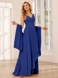 A-Line/Princess V-Neck Sleeveless Floor-Length Asymmetrical Bridesmaid Dresses with Ruffles — view 56
