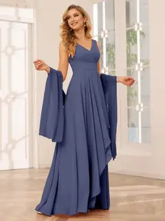 A-Line/Princess V-Neck Sleeveless Floor-Length Asymmetrical Bridesmaid Dresses with Ruffles — view 57