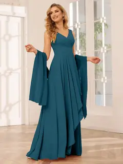 A-Line/Princess V-Neck Sleeveless Floor-Length Asymmetrical Bridesmaid Dresses with Ruffles — view 58