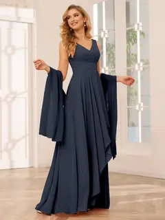 A-Line/Princess V-Neck Sleeveless Floor-Length Asymmetrical Bridesmaid Dresses with Ruffles — view 59