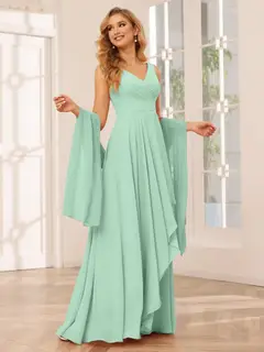 A-Line/Princess V-Neck Sleeveless Floor-Length Asymmetrical Bridesmaid Dresses with Ruffles — view 61