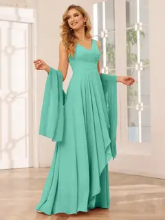 A-Line/Princess V-Neck Sleeveless Floor-Length Asymmetrical Bridesmaid Dresses with Ruffles — view 62