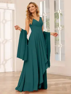 A-Line/Princess V-Neck Sleeveless Floor-Length Asymmetrical Bridesmaid Dresses with Ruffles — view 66