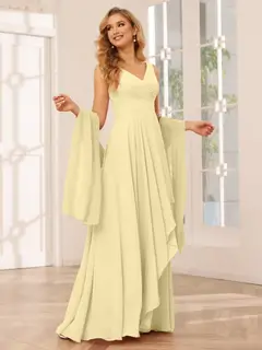 A-Line/Princess V-Neck Sleeveless Floor-Length Asymmetrical Bridesmaid Dresses with Ruffles — view 68