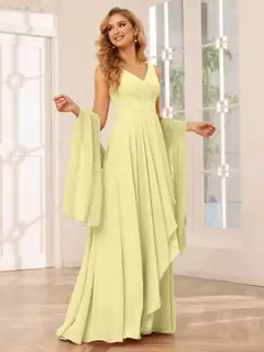 A-Line/Princess V-Neck Sleeveless Floor-Length Asymmetrical Bridesmaid Dresses with Ruffles — view 69