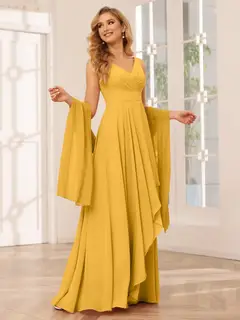 A-Line/Princess V-Neck Sleeveless Floor-Length Asymmetrical Bridesmaid Dresses with Ruffles — view 70