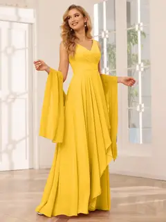 A-Line/Princess V-Neck Sleeveless Floor-Length Asymmetrical Bridesmaid Dresses with Ruffles — view 71