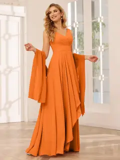 A-Line/Princess V-Neck Sleeveless Floor-Length Asymmetrical Bridesmaid Dresses with Ruffles — view 72