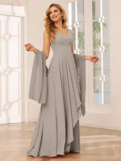 A-Line/Princess V-Neck Sleeveless Floor-Length Asymmetrical Bridesmaid Dresses with Ruffles — view 73