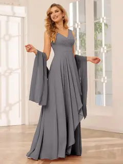 A-Line/Princess V-Neck Sleeveless Floor-Length Asymmetrical Bridesmaid Dresses with Ruffles — view 74