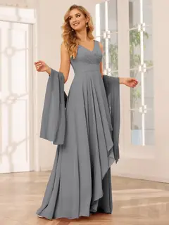 A-Line/Princess V-Neck Sleeveless Floor-Length Asymmetrical Bridesmaid Dresses with Ruffles — view 75