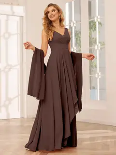 A-Line/Princess V-Neck Sleeveless Floor-Length Asymmetrical Bridesmaid Dresses with Ruffles — view 76