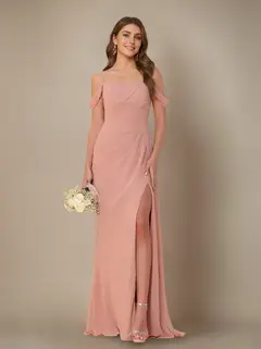 Sheath/Column Off-the-Shoulder Spaghetti Straps Floor-Length Bridesmaid Dress with Ruffles & Split Side — view 1