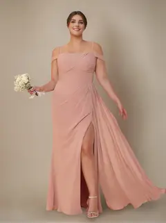 Sheath/Column Off-the-Shoulder Spaghetti Straps Floor-Length Bridesmaid Dress with Ruffles & Split Side — view 4