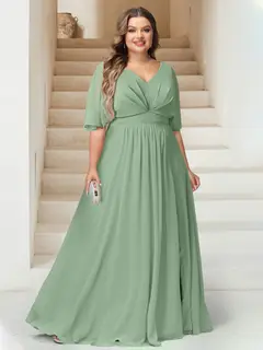 A-Line/Princess V-Neck Floor-Length Backless Plus Size Bridesmaid Dresses — view 1