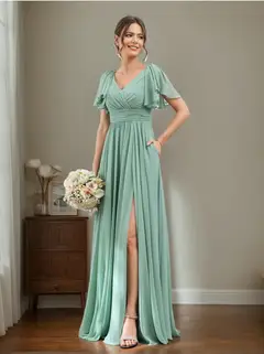 A-Line/Princess V-Neck Short Sleeves Chiffon Bridesmaid Dresses with Split Side & Pockets — view 1