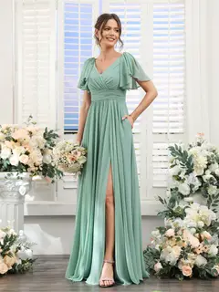 A-Line/Princess V-Neck Short Sleeves Chiffon Bridesmaid Dresses with Split Side & Pockets — view 2