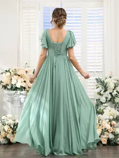 A-Line/Princess V-Neck Short Sleeves Chiffon Bridesmaid Dresses with Split Side & Pockets — view 3