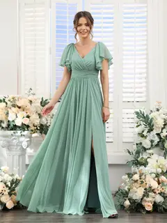 A-Line/Princess V-Neck Short Sleeves Chiffon Bridesmaid Dresses with Split Side & Pockets — view 4
