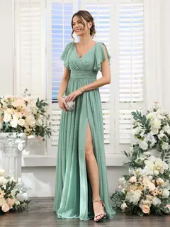 A-Line/Princess V-Neck Short Sleeves Chiffon Bridesmaid Dresses with Split Side & Pockets — view 5
