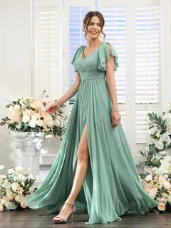 A-Line/Princess V-Neck Short Sleeves Chiffon Bridesmaid Dresses with Split Side & Pockets — view 6