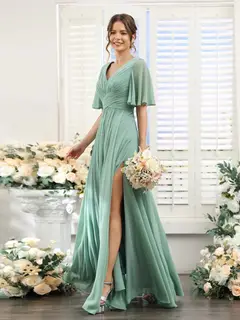 A-Line/Princess V-Neck Short Sleeves Chiffon Bridesmaid Dresses with Split Side & Pockets — view 7