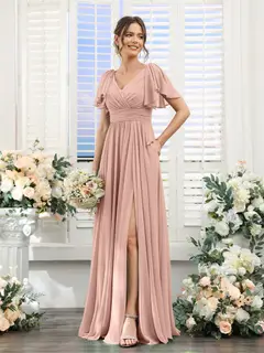 A-Line/Princess V-Neck Short Sleeves Chiffon Bridesmaid Dresses with Split Side & Pockets — view 8