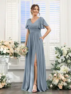 A-Line/Princess V-Neck Short Sleeves Chiffon Bridesmaid Dresses with Split Side & Pockets — view 9