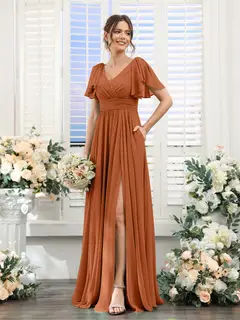 A-Line/Princess V-Neck Short Sleeves Chiffon Bridesmaid Dresses with Split Side & Pockets — view 10