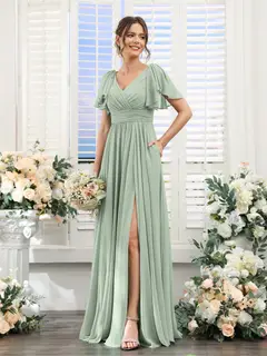 A-Line/Princess V-Neck Short Sleeves Chiffon Bridesmaid Dresses with Split Side & Pockets — view 11
