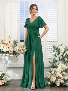 A-Line/Princess V-Neck Short Sleeves Chiffon Bridesmaid Dresses with Split Side & Pockets — view 12