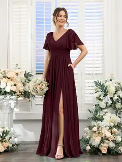 A-Line/Princess V-Neck Short Sleeves Chiffon Bridesmaid Dresses with Split Side & Pockets — view 13